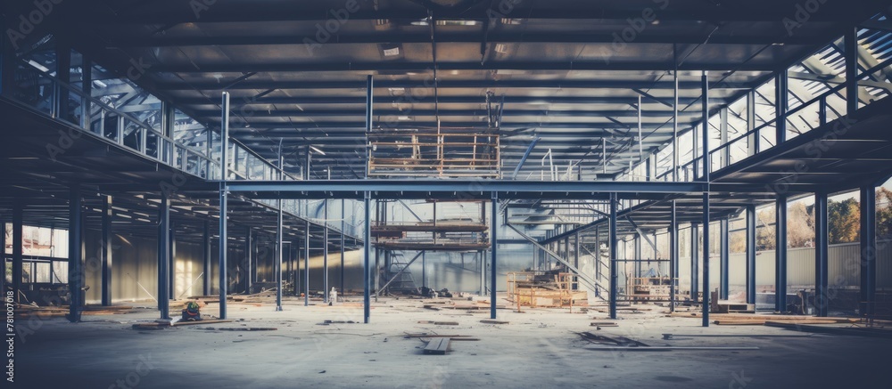 Spacious building featuring an array of windows and robust steel beams throughout its structure Spacious building featuring an array of windows and robust steel beams throughout its structure