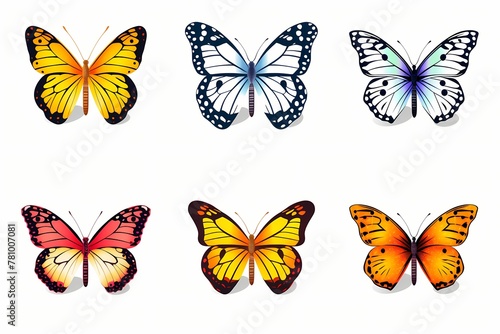 butterflies in different colors isolated on a white solid background © Hunny