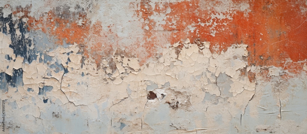 Close-up view of cracked and peeling paint textures on a worn concrete wall in high resolution