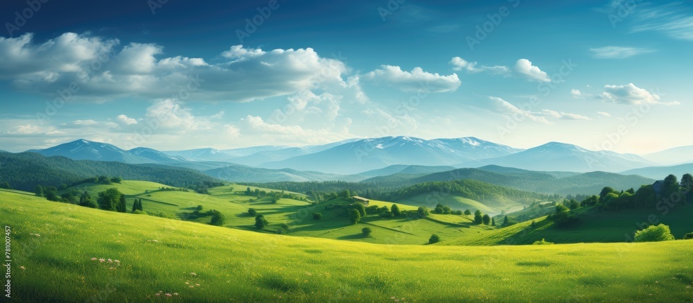 Scenic landscape of a lush green valley with majestic mountains in the far background Scenic landscape of a lush green valley with majestic mountains in the far background