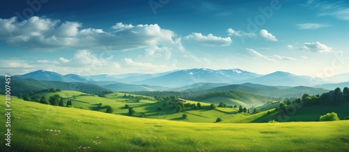 Scenic landscape of a lush green valley with majestic mountains in the far background