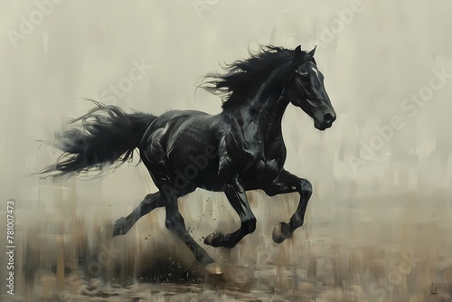 portrait Oil painting features majestic  black horse galloping on neutral background, luxury vintage moody farmhouse wall art, digital art print, wallpaper, background