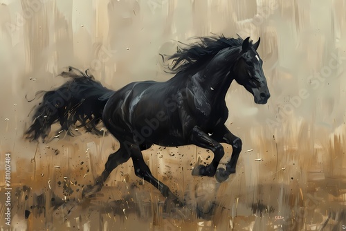 portrait Oil painting features majestic  black horse galloping on neutral background, luxury vintage moody farmhouse wall art, digital art print, wallpaper, background