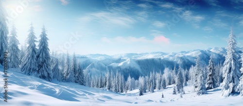 A picturesque winter scene showing a mountainous landscape covered in snow with trees and a snow-covered ground