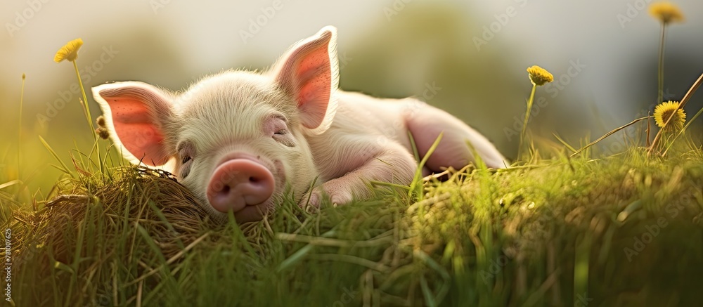 Content pig enjoying a nap on vibrant green grass, basking in freedom and dirtiness Content pig enjoying a nap on vibrant green grass, basking in freedom and dirtiness