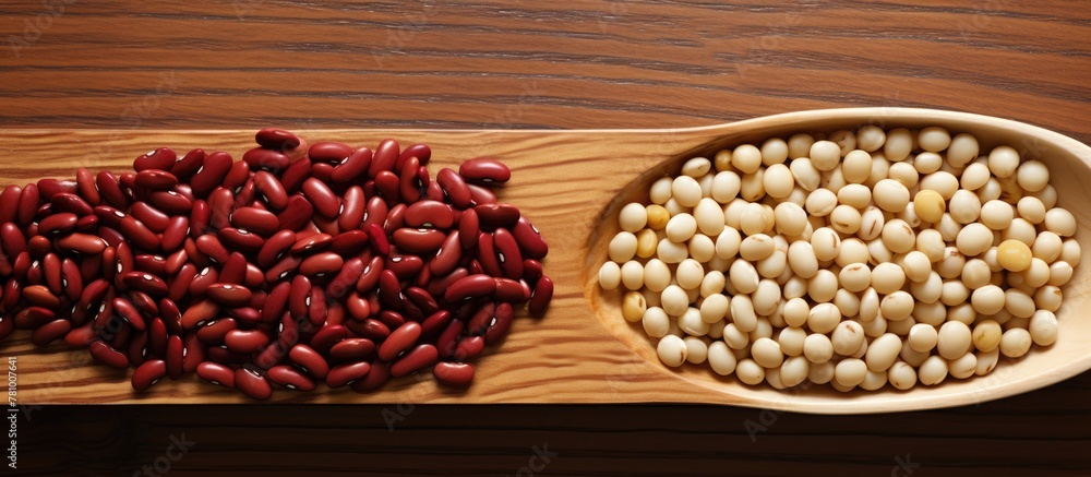 Wooden spoons containing beans, surrounded by spilled beans on a rustic wooden table surface Wooden spoons containing beans, surrounded by spilled beans on a rustic wooden table surface
