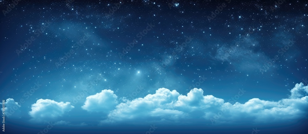 Starry night sky filled with twinkling stars and fluffy clouds drifting across Starry night sky filled with twinkling stars and fluffy clouds drifting across