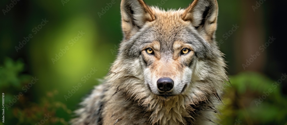 A wolf with intense gaze directly looking at the camera in the wild forest setting