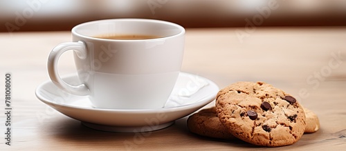 A coffee cup and a cookie are placed on a table, ready to be enjoyed
