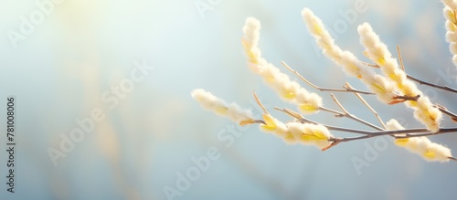 Close-up view of a branch adorned with delicate white flowers set against a vibrant blue sky