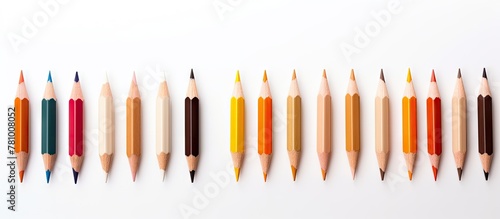Assorted natural colored pencils arranged on a white background with a shallow depth of field
