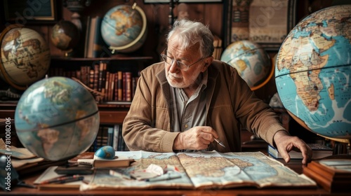 An older man with a distinguished appearance lost in thought as he studies a complex map spread out before him surrounded by globes and other tools of research. . photo