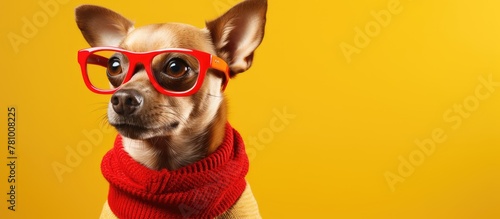 A canine adorned with stylish red scarf and glasses in a close-up shot.