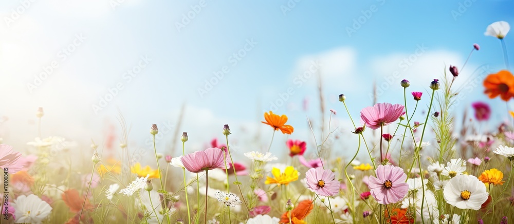 Lush meadow filled with colorful blossoms set against a vivid azure sky creating a picturesque scene
