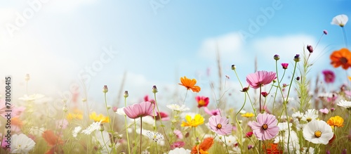 Lush meadow filled with colorful blossoms set against a vivid azure sky creating a picturesque scene © Ilgun