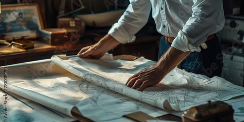 A man is working on a map, carefully folding and unfolding it. Concept of focus and attention to detail, as the man is likely trying to create an accurate representation of a geographical area