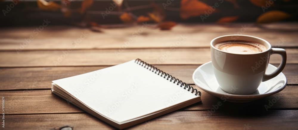 Coffee cup and notebook placed on a table surface
