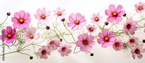 Pink blossoms arranged in a glass vase resting on a clean white tabletop © Ilgun