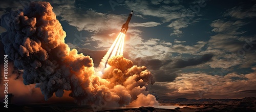 A rocket is launching into the sky while smoke billows out, creating a dramatic scene of space exploration.