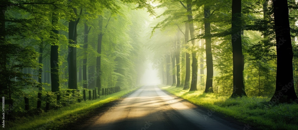 Obraz premium Lush forest scenery with a winding road lined with tall trees and grass