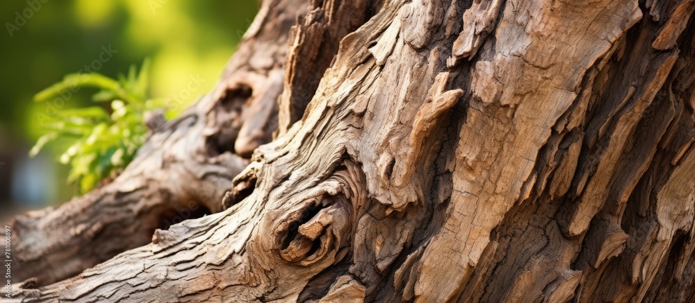 A healthy green plant emerging from the bark of a tree trunk in a close-up view, showcasing the beauty of nature's resilience A healthy green plant emerging from the bark of a tree trunk in a close-up view, showcasing the beauty of nature's resilience