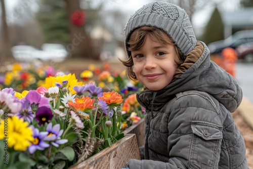A cheerful boy, adorned with a warm hat and jacket, smiles behind a vibrant array of market flowers.