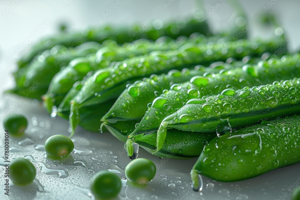 A vibrant display of green peas in pods, lined up with water droplets showcasing their freshness and organic beauty.
