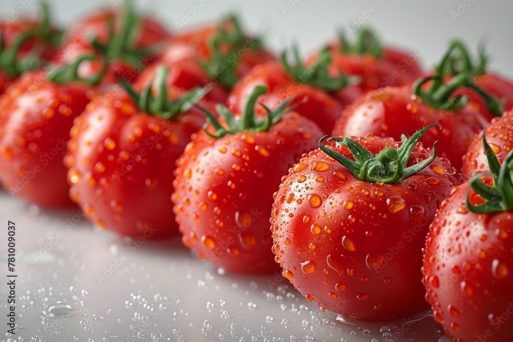 Juicy red tomatoes lined up with water beads reflecting freshness, perfect for culinary creations or healthy snacking. Juicy red tomatoes lined up with water beads reflecting freshness, perfect for culinary creations or healthy snacking.
