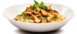 Rice in a dish with mushrooms and fresh basil leaves, creating a flavorful and wholesome dish