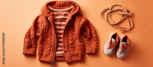 Sweater, shoes, and a rope neatly arranged on a bright orange background, creating a striking visual contrast