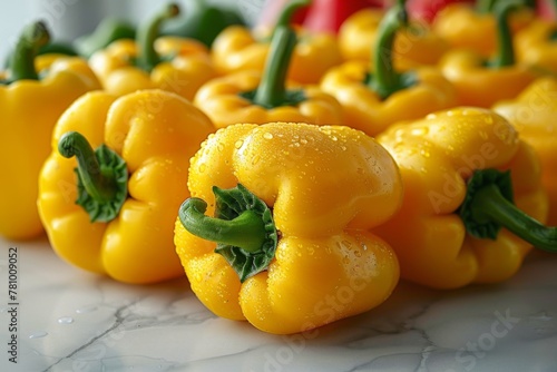 Fresh, bright yellow bell peppers with water droplets on them, arrayed neatly, showcasing their crisp texture and vivid color.