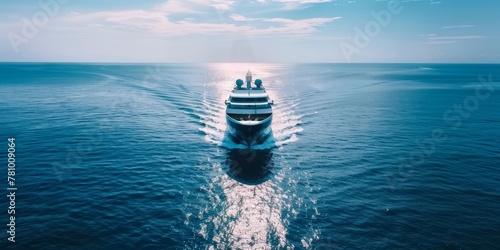 A large boat is traveling through the ocean. The water is calm and the sky is clear. The boat is the main focus of the image, and it is moving smoothly through the water photo