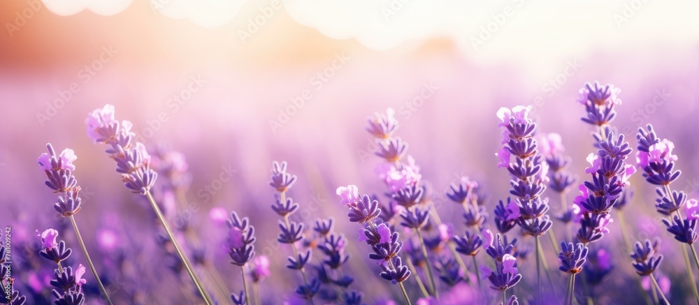Naklejka premium Beautiful lavender flowers blooming in a field under the warm sun's rays