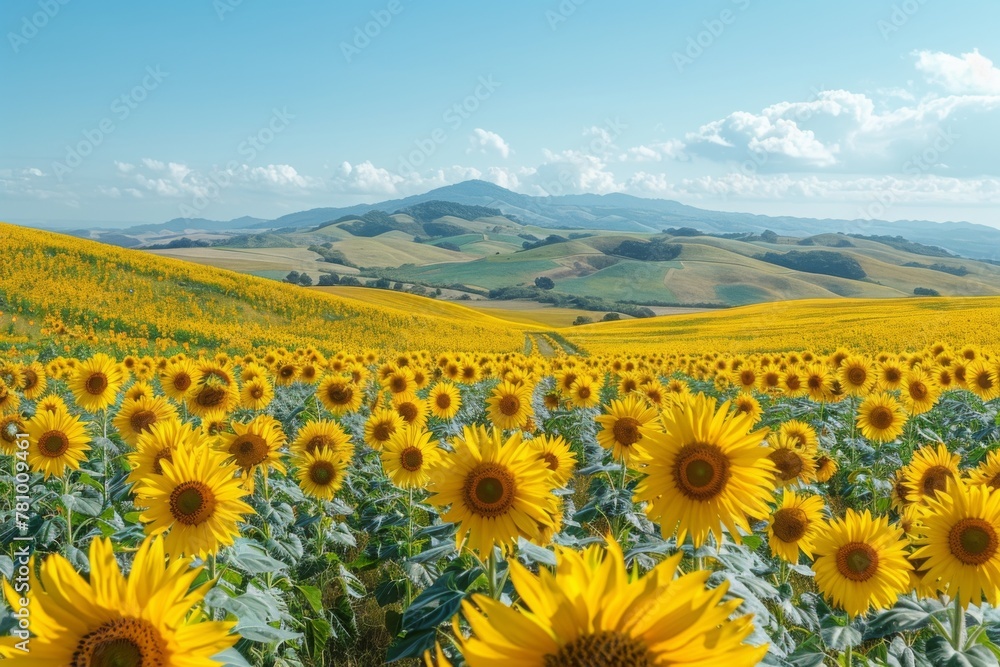 Sunflowers bloom under a vast sky with rolling hills stretching into the distance.