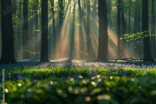 A magical morning in the forest with sunlight streaming through the trees onto a field of bluebells.