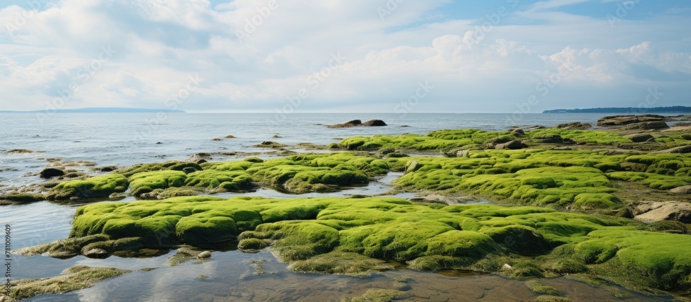 Moss of a green hue flourishing on stones submerged in water at the beach shores