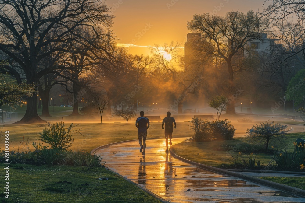 Two joggers trail through a mist-filled park at sunrise, with autumnal trees framing the path.