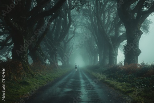 A mysterious, foggy path lined with twisting trees beckons a lone figure in the distance.