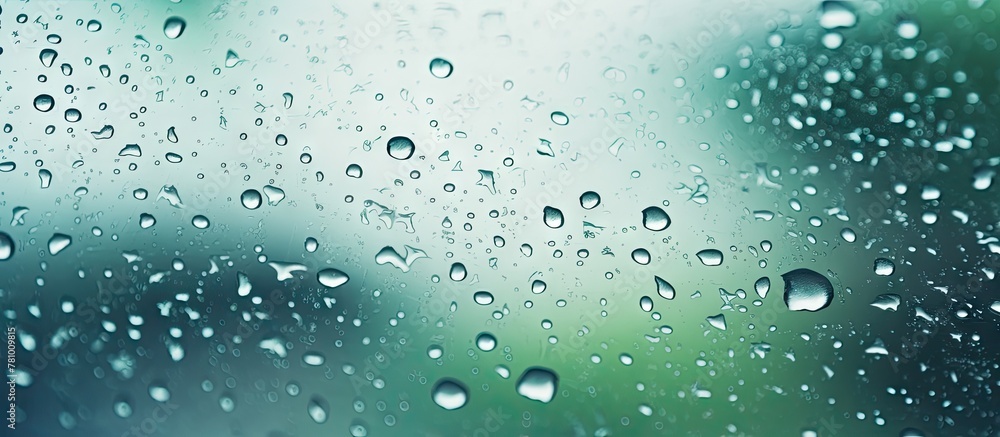 Water droplets from rain covering the surface of a window, creating a blurred effect