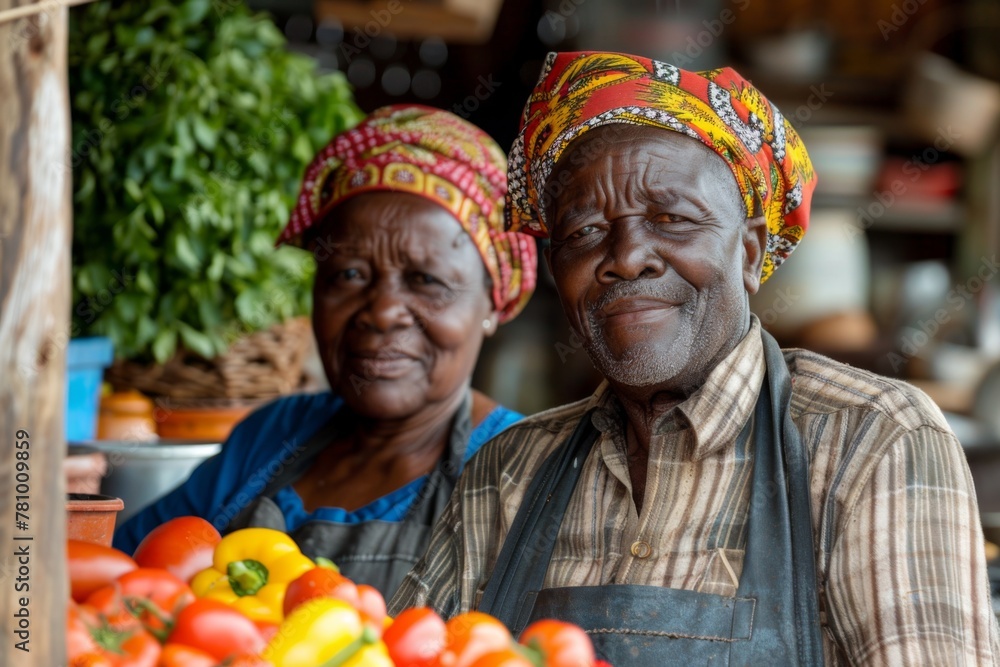 Fototapeta premium A joyful elderly couple smiles in a kitchen, surrounded by fresh produce, sharing a love for cooking.