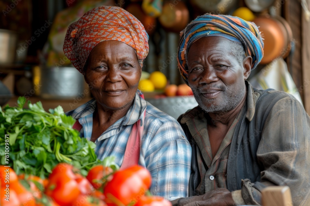 A joyful elderly couple smiles in a kitchen, surrounded by fresh produce, sharing a love for cooking.