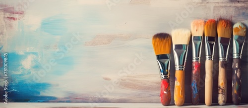 Various paintbrushes of different sizes and shapes are displayed in an orderly manner on a shelf photo