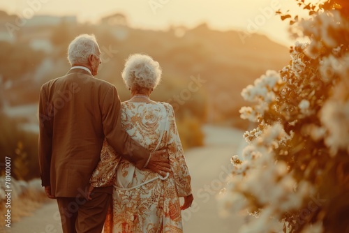 A senior couple in formal wear walks hand in hand, basking in the warm glow of a sunset on a quiet street.
