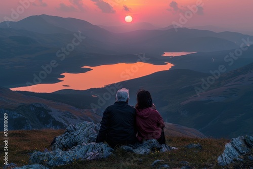 Elderly couple gazes at a sunset reflected in a mountain lake, the sky painted in hues of pink and orange.