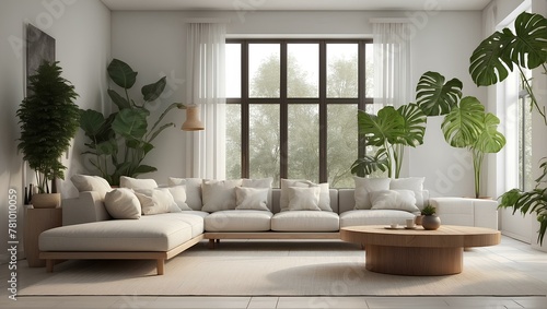 Minimalist modern living room interior with large windows and house plants © Roselita