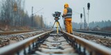 A man in a yellow vest is standing on a railroad track. He is wearing a hard hat and is holding a camera