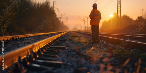 A man in an orange safety vest stands on a railroad track. The sun is setting in the background, casting a warm glow over the scene. The man is inspecting the tracks photo