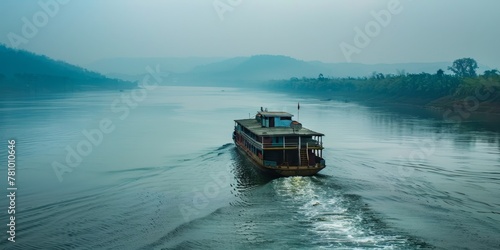 A boat is traveling down a river with a foggy sky in the background. The boat is large and has a lot of people on it