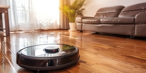A robot vacuum cleaner is on a wooden floor in a living room. The room is well-lit and has a couch and a potted plant