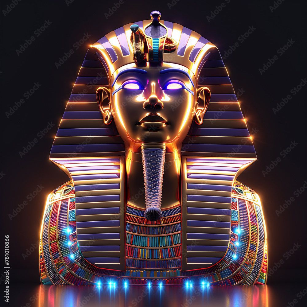 Neon-Lit Pharaoh Tutankhamun Bust on Dark Background - obrazy, fototapety, plakaty 